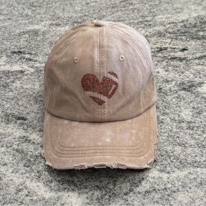 New Custom Designed Tan Distressed Bas Cap w/ Brown Glitter Football Heart
